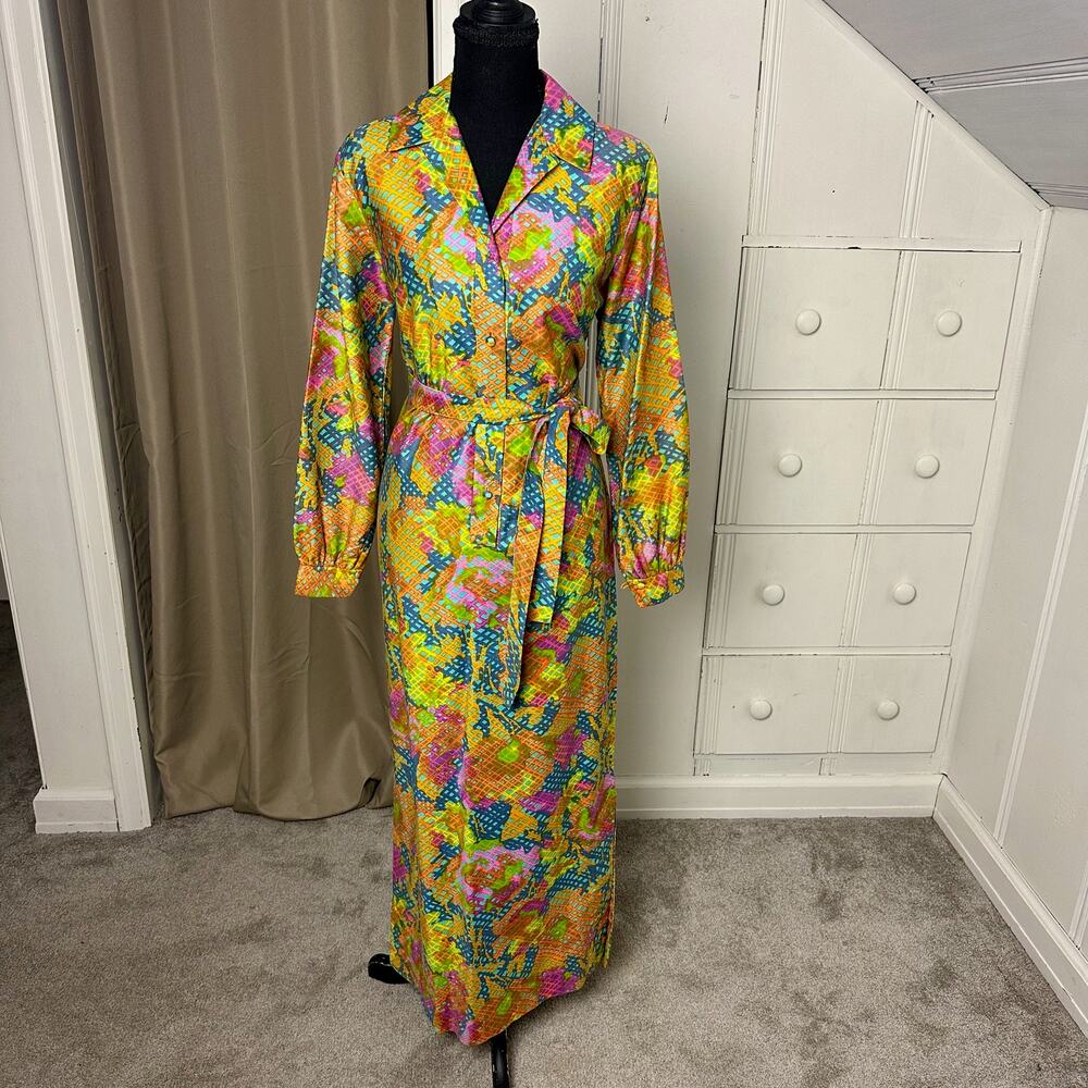 Vintage 60s 70s Tori Richard Hawaiian Psychedelic Maxi Dress Bright Mod Sz M